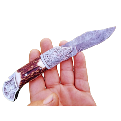 Custom Handmade Damascus Pocket/Folding Knife With Leather Sheath