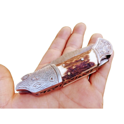 Custom Handmade Damascus Pocket/Folding Knife With Leather Sheath