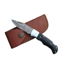 Custom Handmade Damascus Folding/Pocket Knife with Cow Leather Poutch