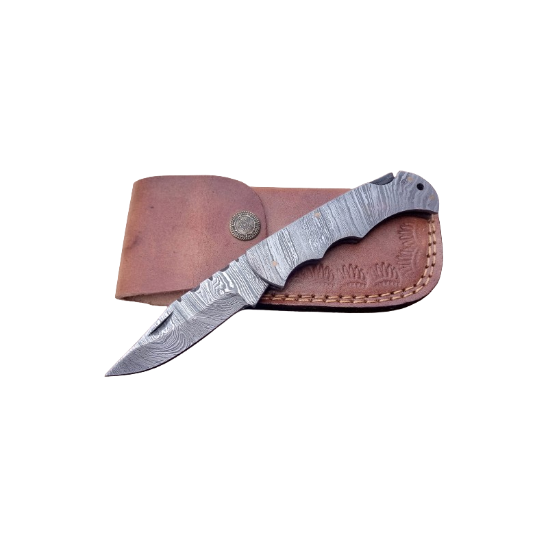 Custom Handmade Damascus Pocket/Folding Knife With Leather Sheath