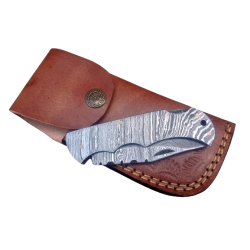 Custom Handmade Damascus Pocket/Folding Knife With Leather Sheath