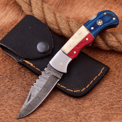 Custom Handmade Damascus Folding/Pocket Knife With Leather Poutch