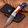 Custom Handmade Damascus Folding/Pocket Knife With Leather Poutch